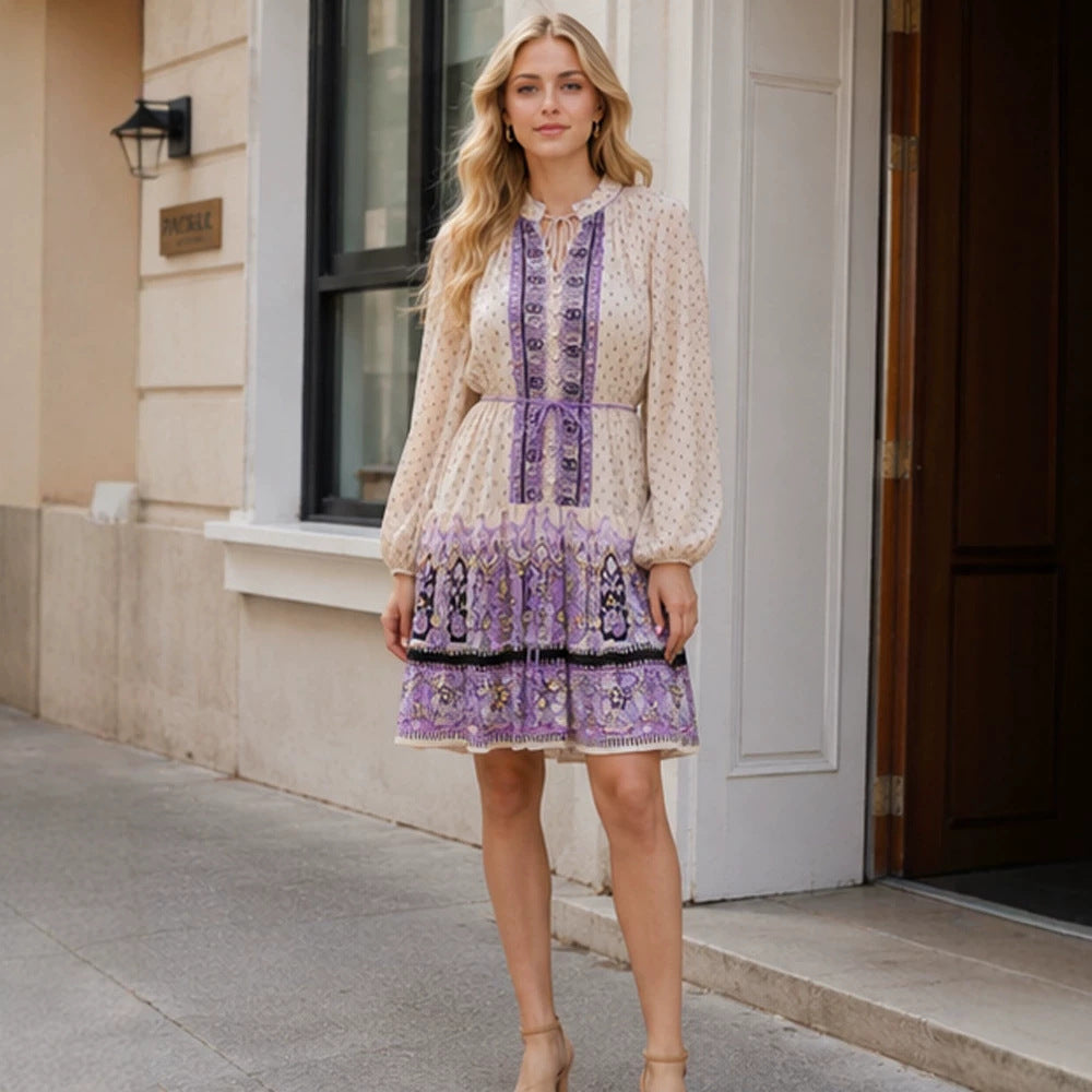 Ladies Chiffon Mini Dress with Tying Collar, Balloon Sleeves and Embroidered Border Amarae