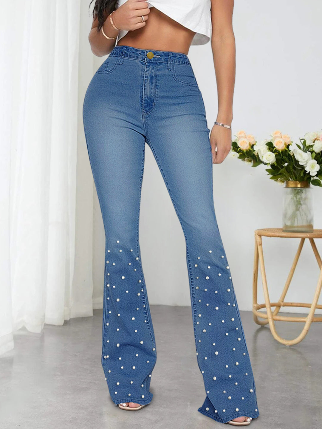 Women's high-waisted flared jeans with pearl embellishment Amarae