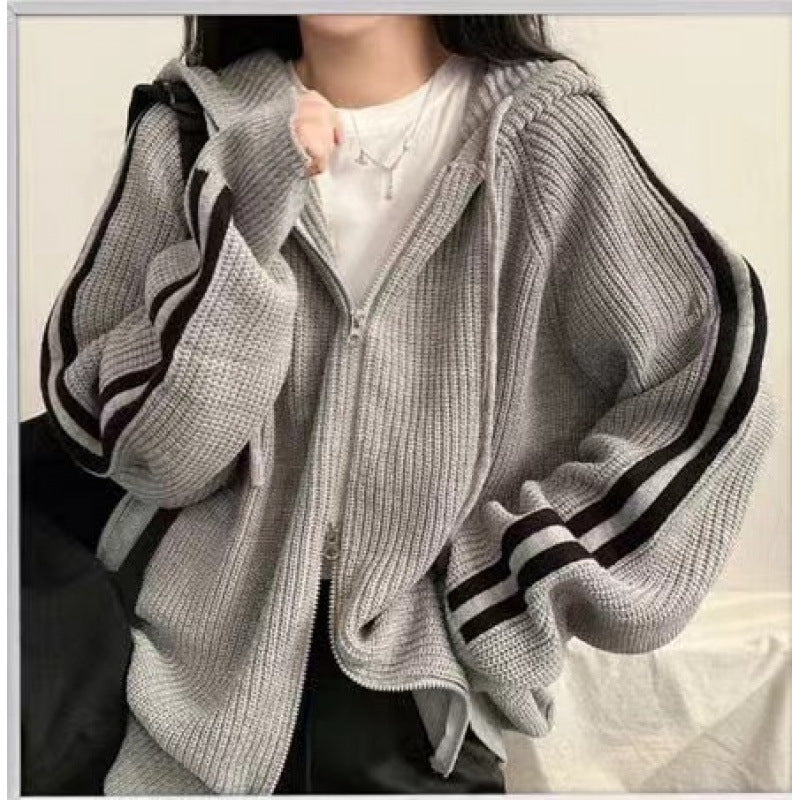 Casual knit hooded sweater for women with a deep V-neckline and chic side stripes