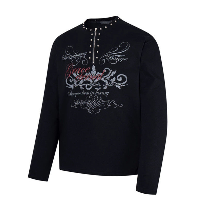 Women's long sleeve shirt with half zipper, studded collar and baroque text print Amarae