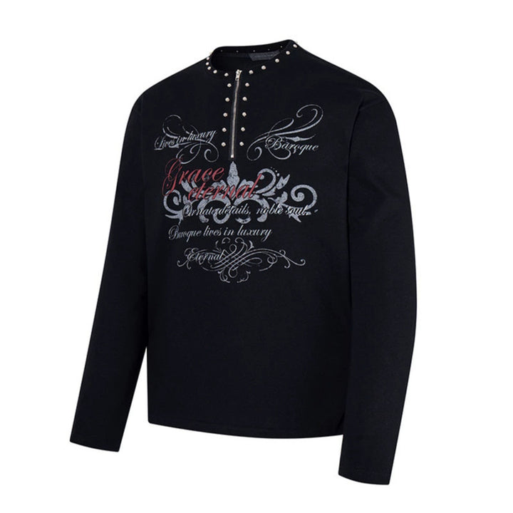 Women's long sleeve shirt with half zipper, studded collar and baroque text print Amarae