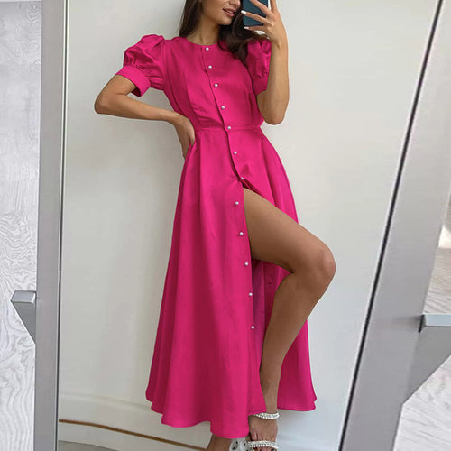 Robe maxi femme avec encolure boutonnée et fente latérale Chic & Stil