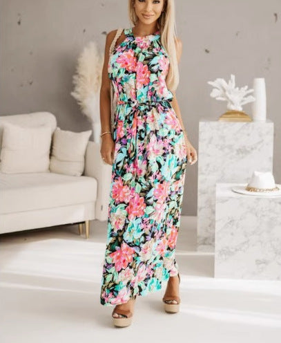 Maxi dress for women with floral pattern and adjustable belt Lune London