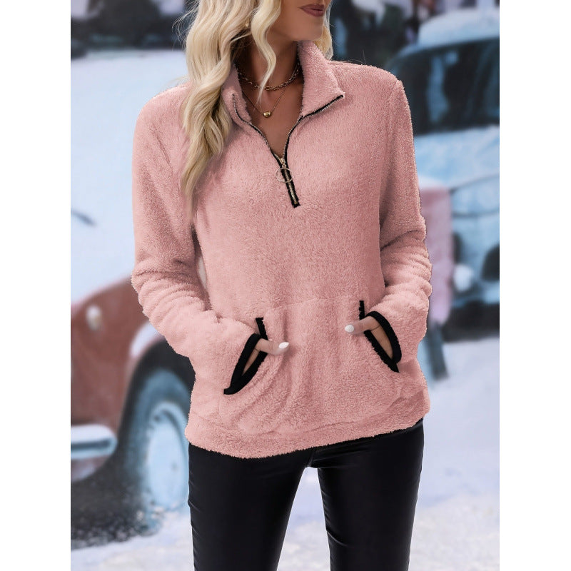 Women's fluffy fleece cuddle pullover with half zipper, kangaroo pocket and stand-up collar Amarae