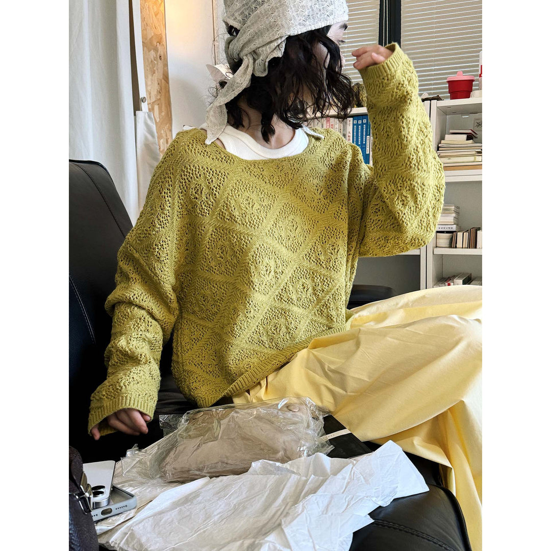 Women Casual Ajour Knit Sweater with Wide Boat Neck Amarae