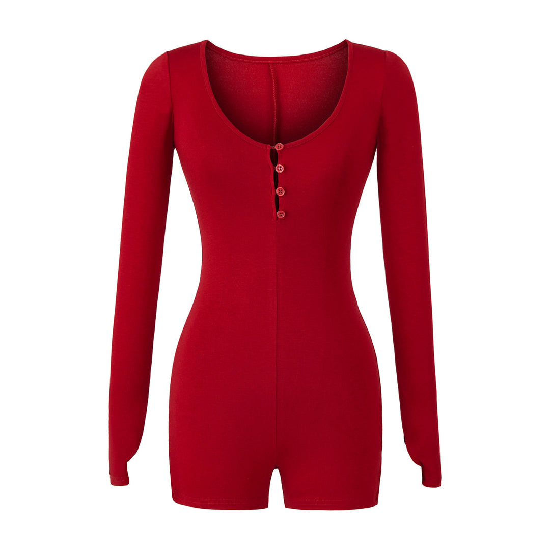 Women Fitted Long Sleeve Bodysuit with Button Placket and Short Shorts Amarae