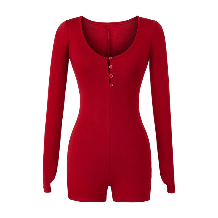 Women Fitted Long Sleeve Bodysuit with Button Placket and Short Shorts Amarae