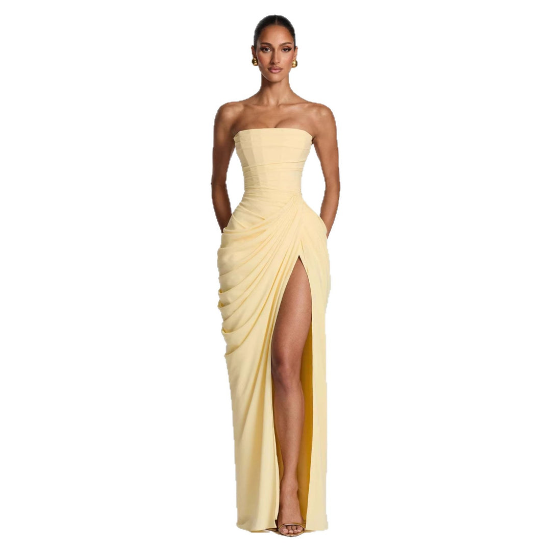 Ladies Elegant Long Sleeve Evening Dress with Asymmetric Draping and Narrow Slit