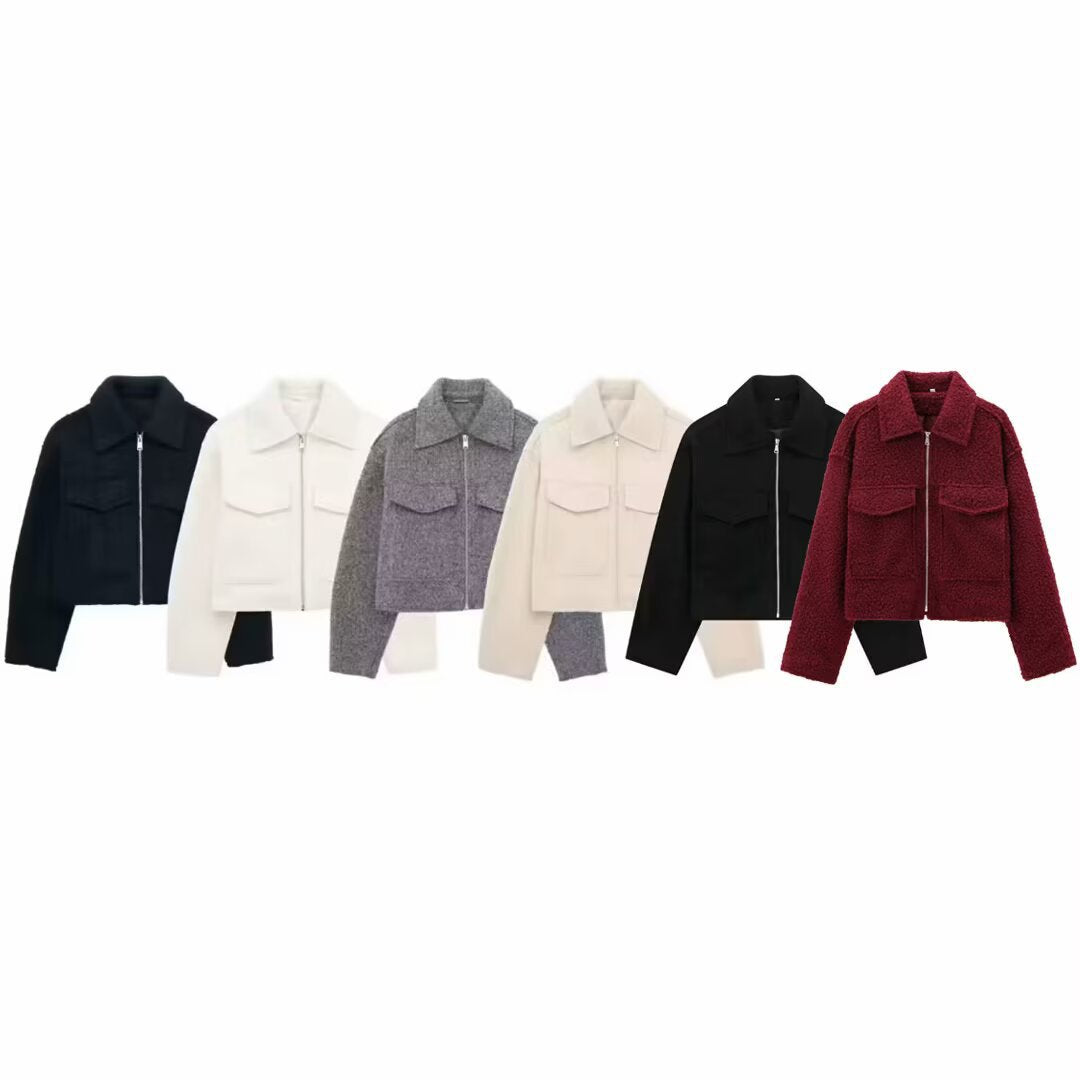 Women's Short Cut Sherpa Jacket with Zip and Flap Pockets Amarae