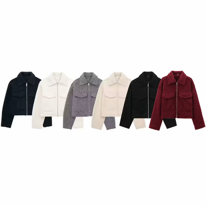 Women's Short Cut Sherpa Jacket with Zip and Flap Pockets Amarae
