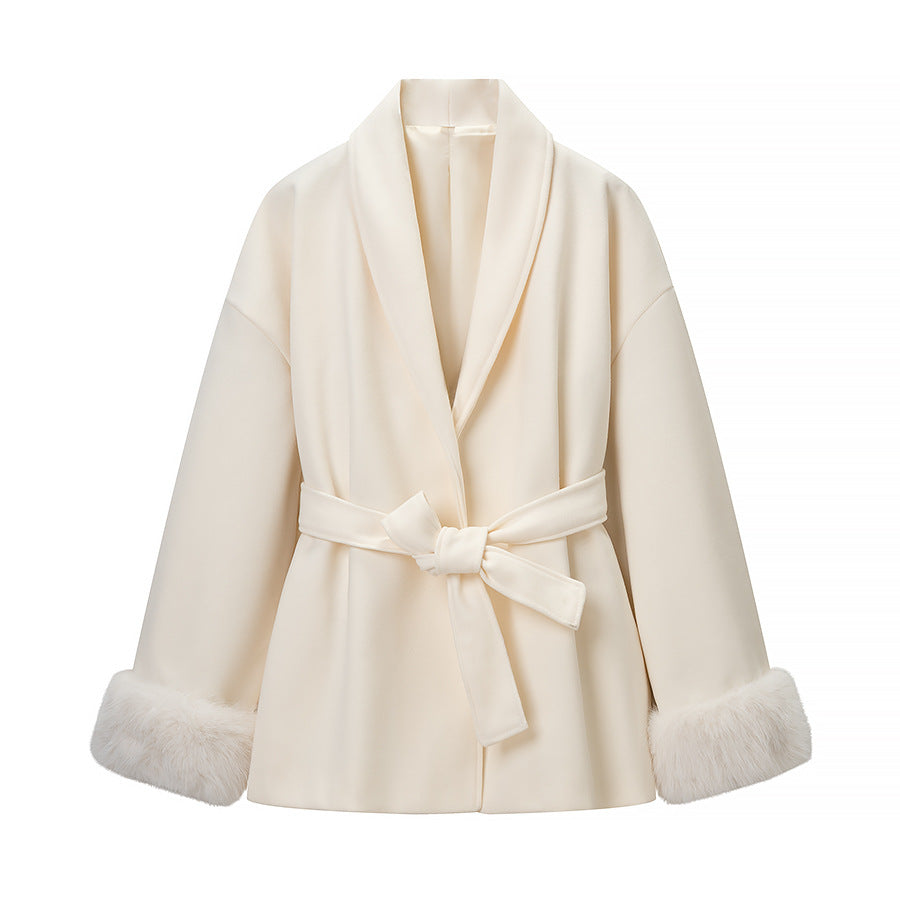 Women's Oversized Wrap Coat with Shawl Collar and Fur Trim on the Sleeves Amarae