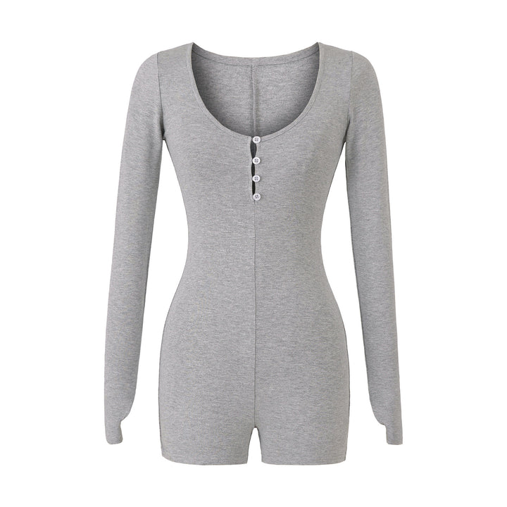 Women Fitted Long Sleeve Bodysuit with Button Placket and Short Shorts Amarae