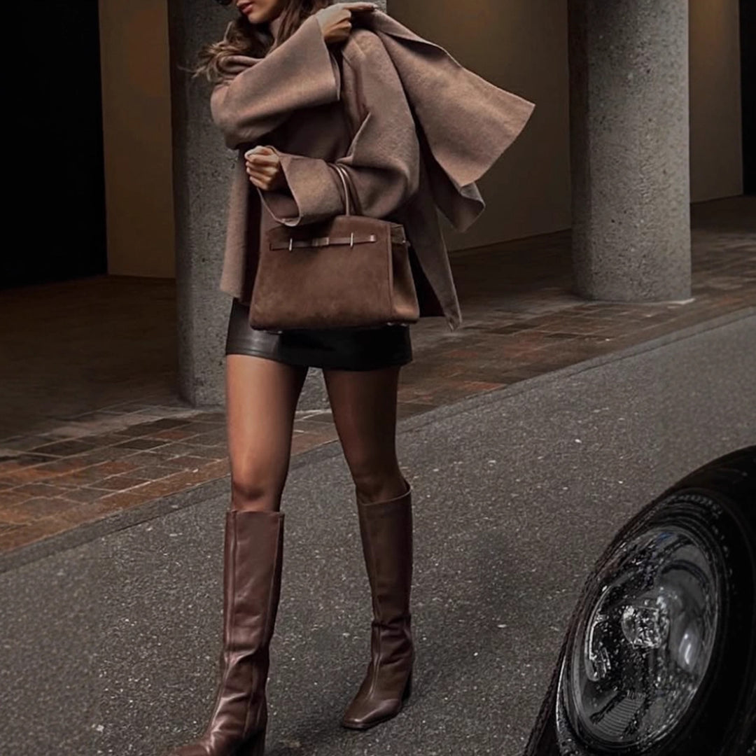 Women Oversize Wrap Poncho Coat with Wide Shawl Collar and One-Button Detail Amarae