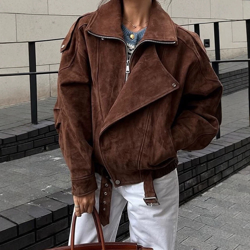 Women Short Velour Leather Bomber Jacket with High Stand-Up Collar and Waist Belt Amarae