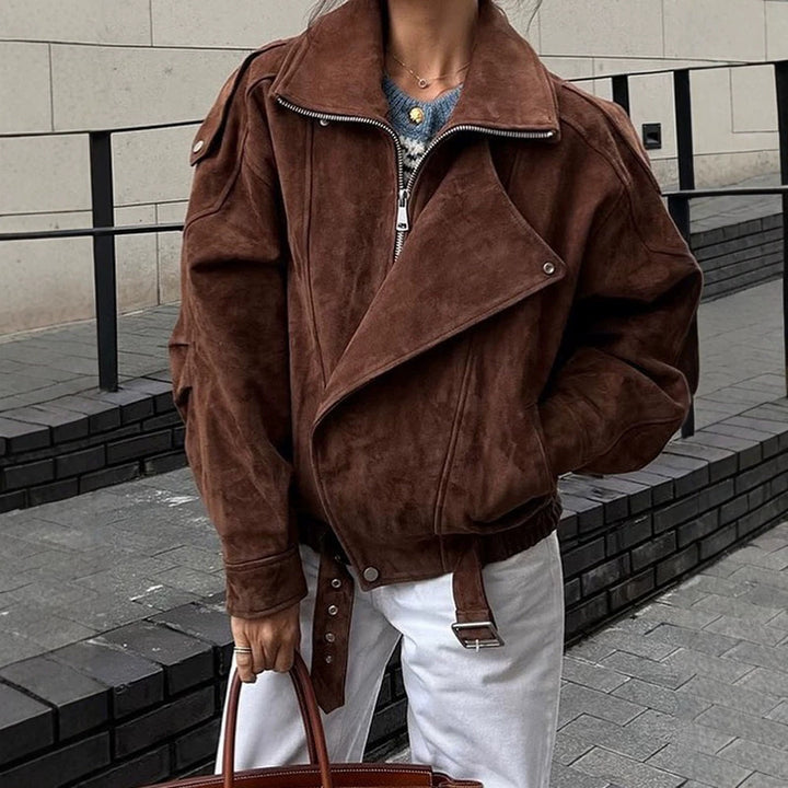 Women Short Velour Leather Bomber Jacket with High Stand-Up Collar and Waist Belt Amarae