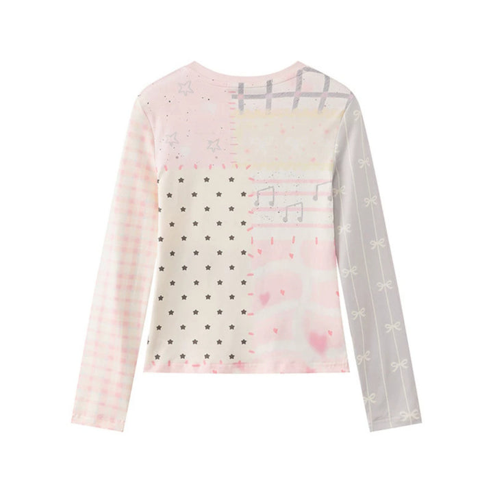 Women's long-sleeve shirt with playful teddy bear print, mixed pattern and lace trim