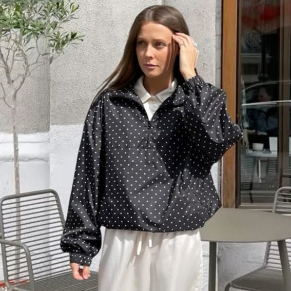 Women's Lightweight Polka Dot Half-Zip Transitional Jacket with Stand-Up Collar and Drawstring Amarae
