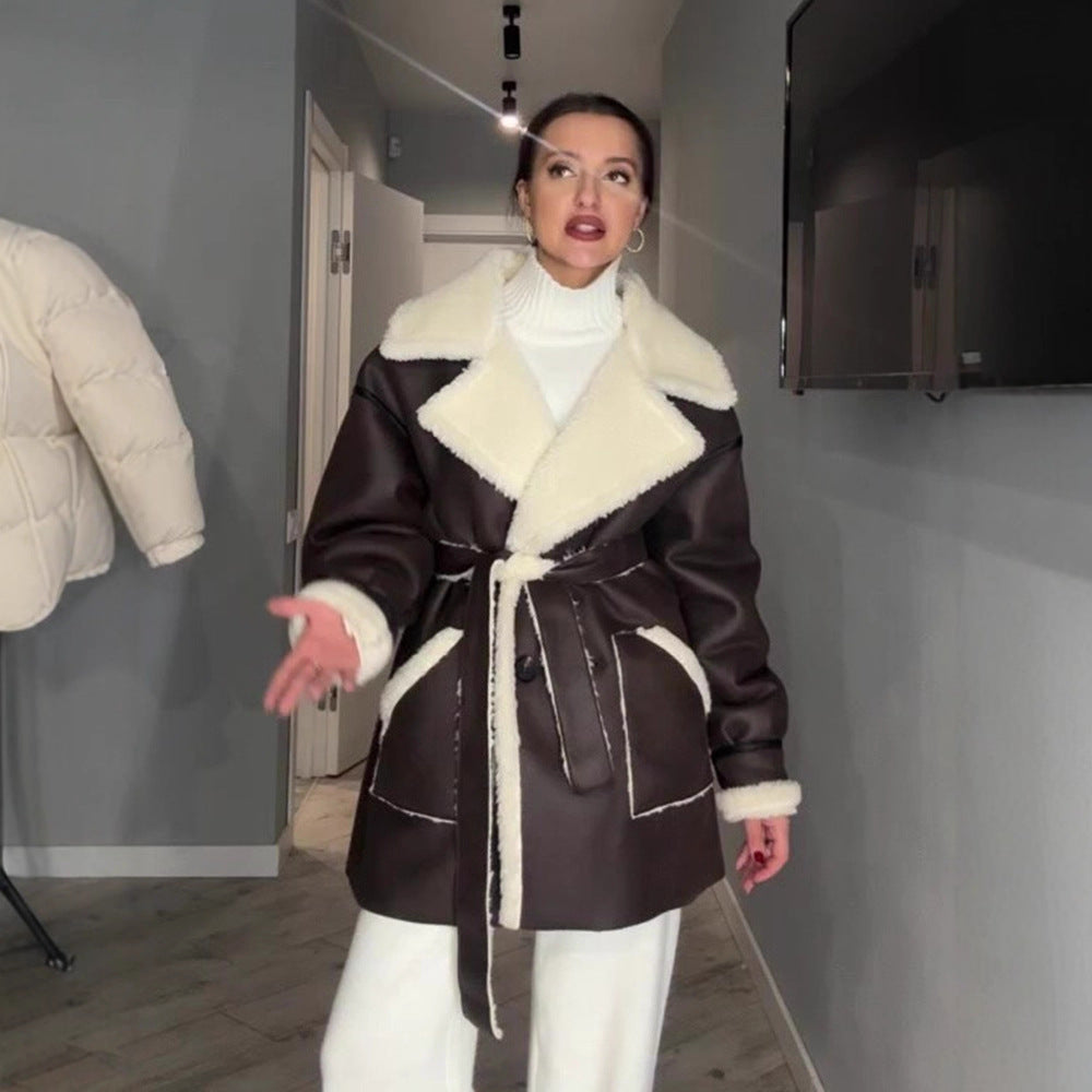 Women Oversized Sheepskin Imitation Coat with Contrasting Shawl Collar and Tied Belt Amarae