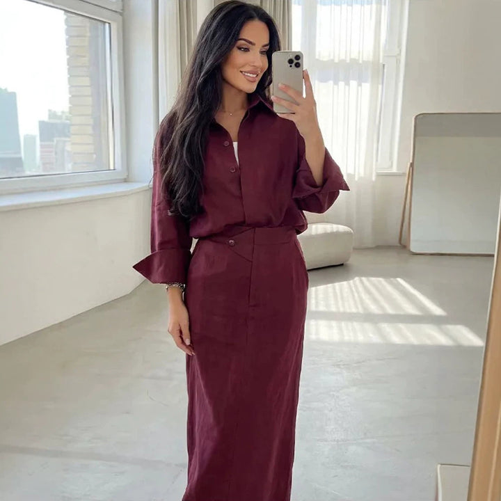 Women's Two-Piece Linen Set with Oversized Shirt and Fitted Maxi Skirt Amarae