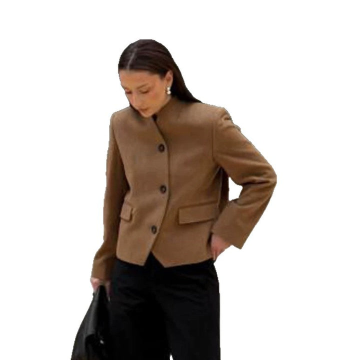 Women's short blazer made of wool blend with stand-up collar, boxy silhouette & three buttons Amarae