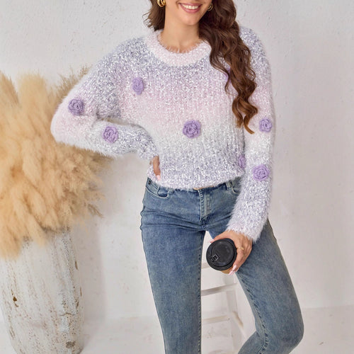 Women's Fluffy Knit Sweater with Floral Design Amarae