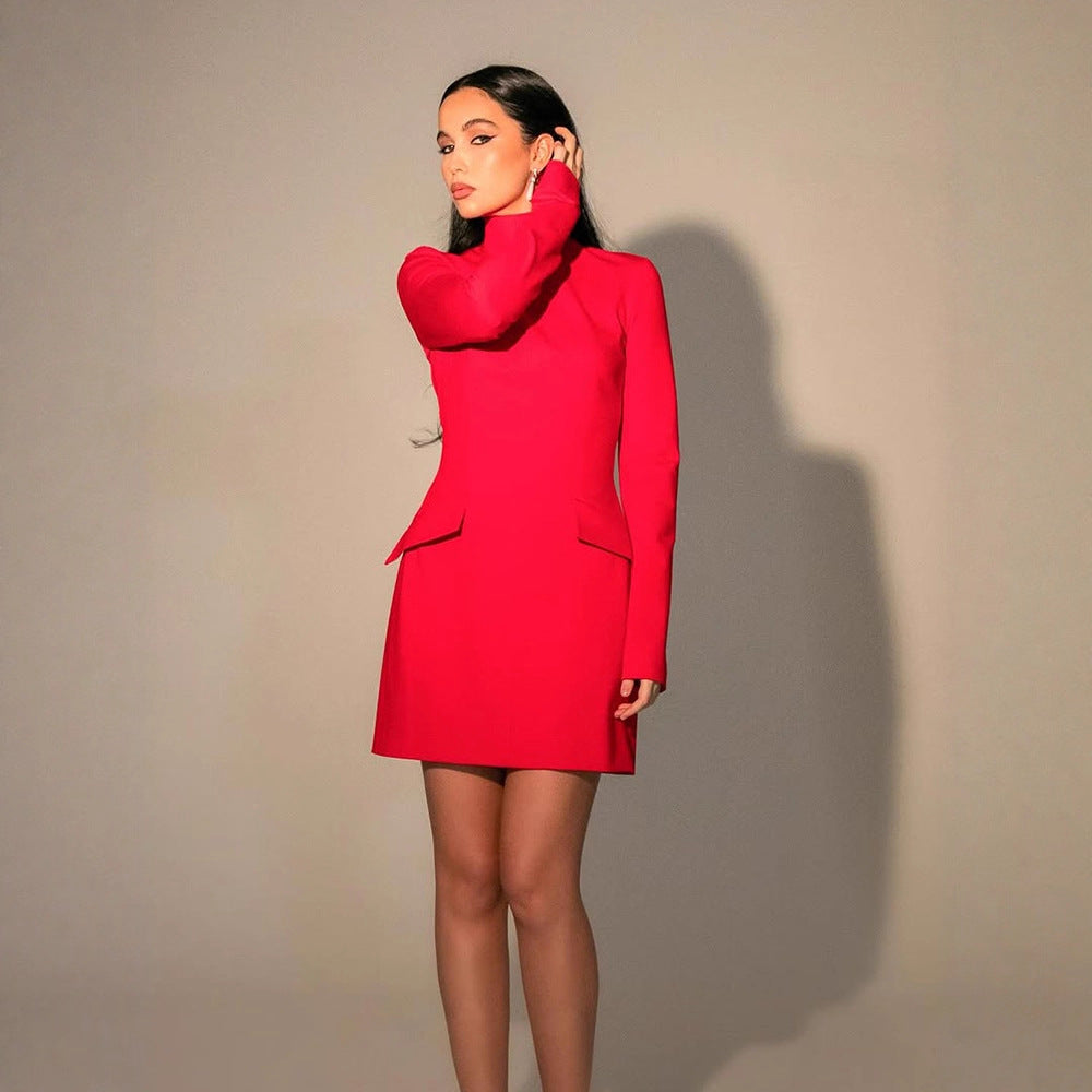 Women's Tailored Mini Dress with Stand Collar, Long Sleeves & Peplum Amarae