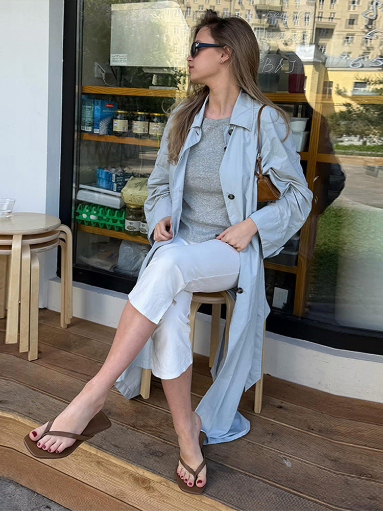Women's Lightweight Long Trench Coat Made from Technical Material with Concealed Button Placket and Loose Fit Amarae