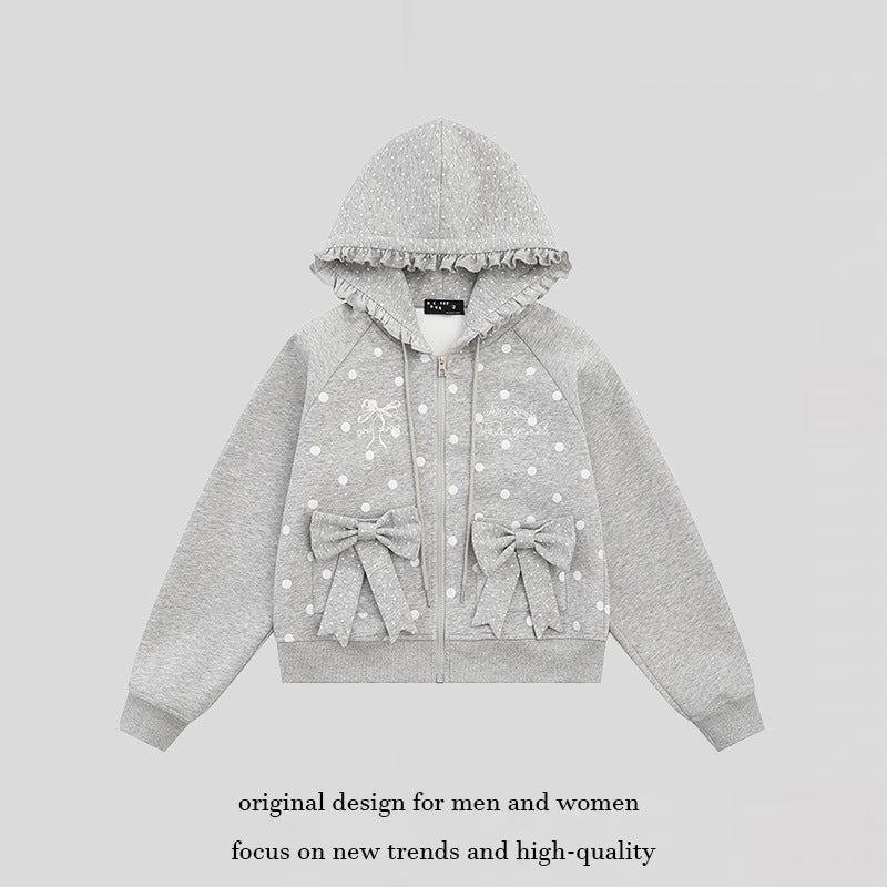 Women's hooded sweatshirt jacket with ruffled hood, polka dot pattern and decorative bows Amarae