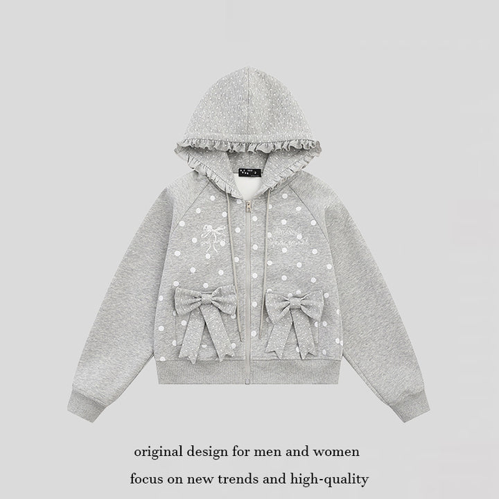 Women's hooded sweatshirt jacket with ruffled hood, polka dot pattern and decorative bows Amarae