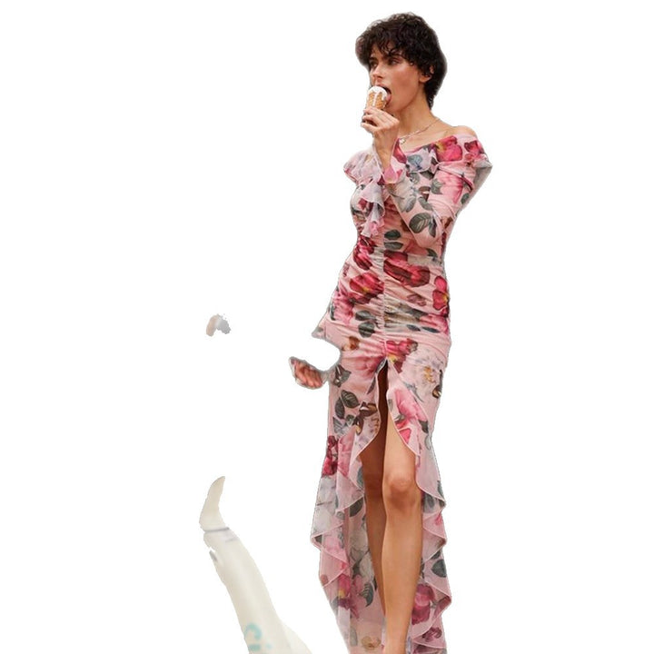 Women's Floral Chiffon Maxi Dress with Asymmetrical Ruffled Shoulder, Gathered Bodice & High Front Slit Amarae