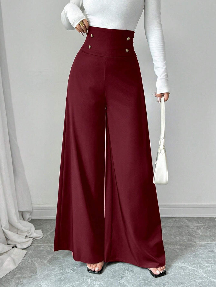 High-waisted wide-leg pants for women with decorative buttons Lune London