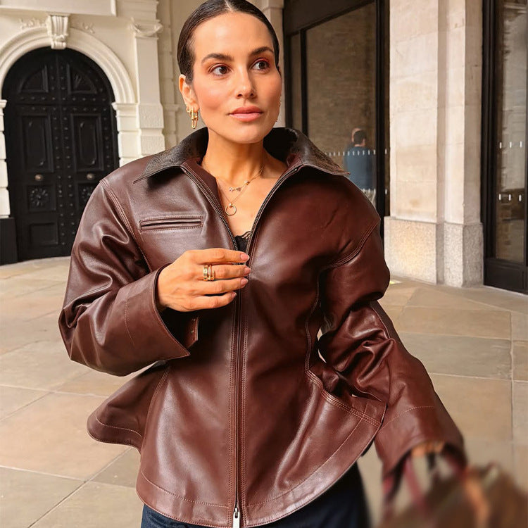 Women’s leather jacket with tailored peplum, zipper & large shirt collar Amarae