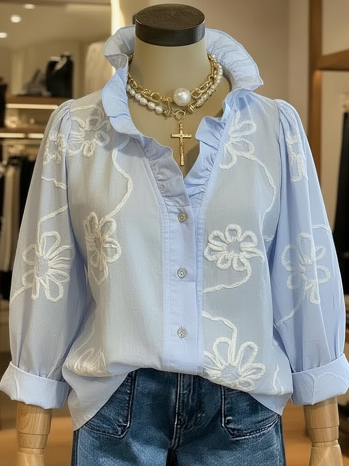 Ladies elegant blouse with floral embroidery and voluminous sleeves Lune London