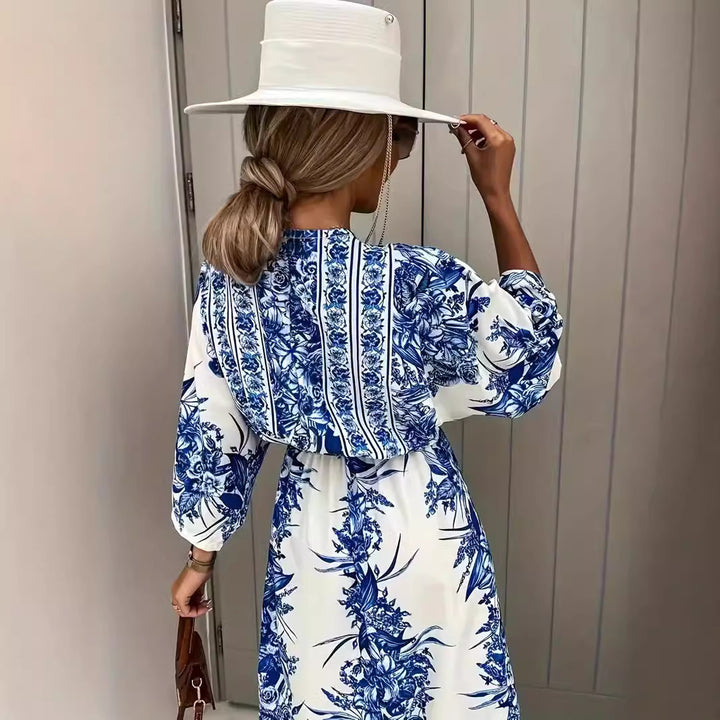 Bohemian maxi dress for women with elegant V-neck and fitted belt Lune London