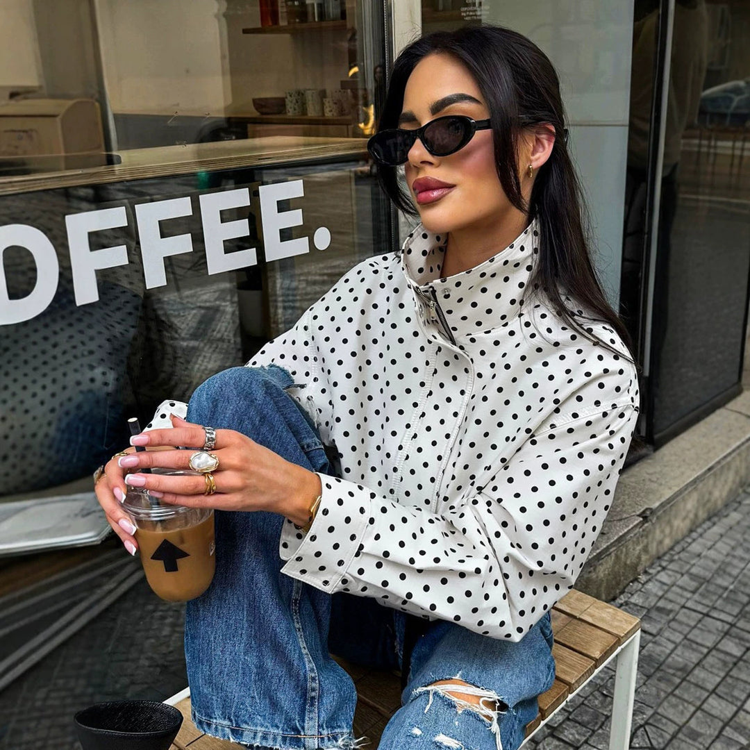 Women Short Cut Oversized Polka Dot Jacket with Stand Collar and Zipper Amarae