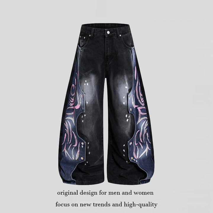 Women's High-Waist wide Balloon-Denim-Culotte with contrast-side Artwork-Panels Amarae