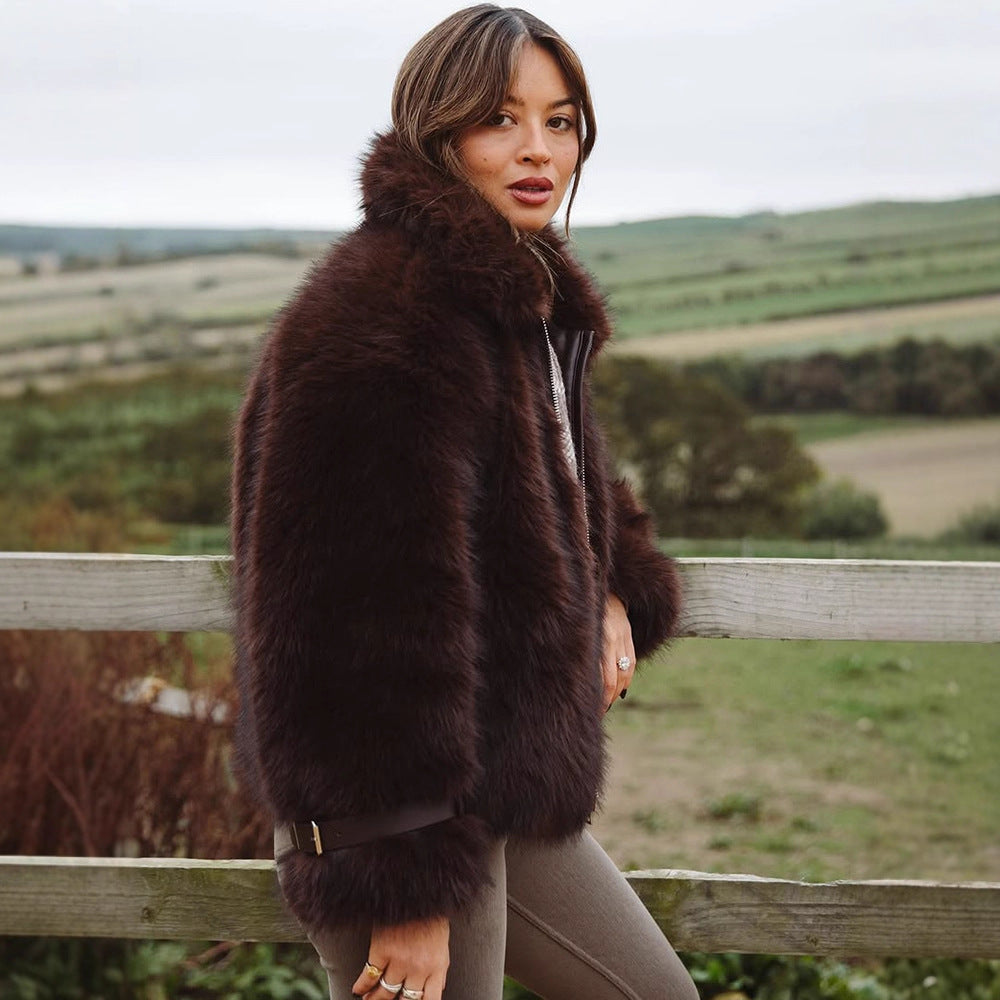 Women's Short Voluminous Faux Fur Bomber Jacket with Zipper and Shawl Collar Amarae