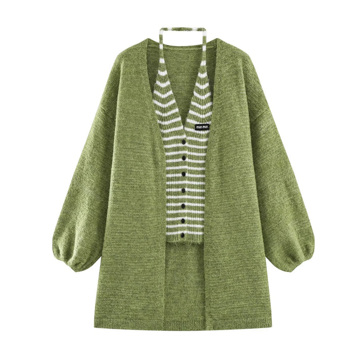 Women's Oversized Knit Cardigan with Balloon Sleeves and Striped Trim Button Placket Amarae