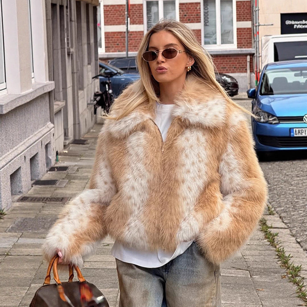 Women's Boxy Faux Fur Jacket with Two-Tone Shag Look and Notched Collar Amarae