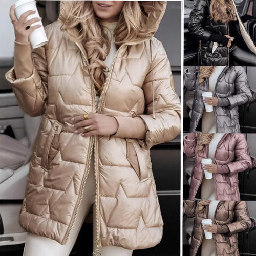 Ladies Longline down jacket with removable hood lining and side zip pockets Amarae
