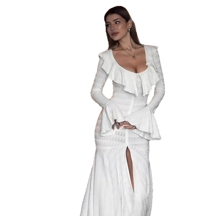 Women's Figure-Hugging Maxi Dress with Ruffle Neckline, Bell Sleeves, and Split Amarae