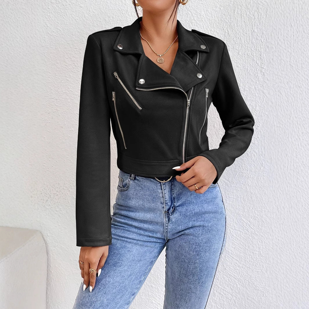Ladies Stylish Faux Leather Biker Jacket with Asymmetrical Zipper Lune London