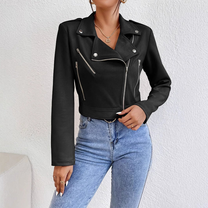 Ladies Stylish Faux Leather Biker Jacket with Asymmetrical Zipper Lune London