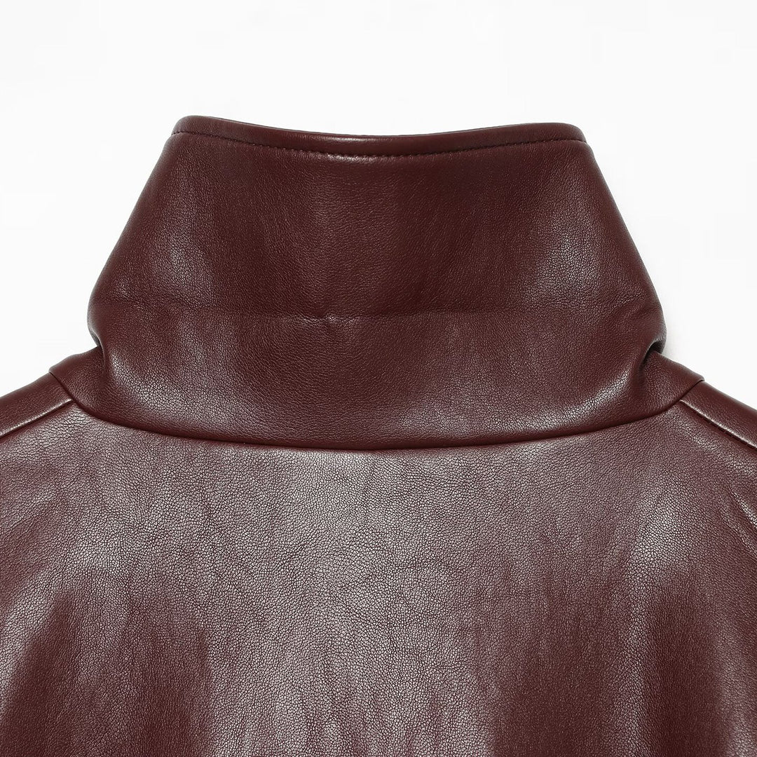 Women Cropped Faux Leather Jacket with High Collar, Oversized Sleeves and Tailored Waist Amarae