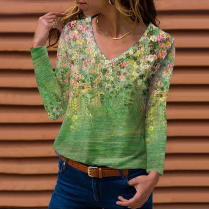 Women Long Sleeve V-Neck Tunic with Floral Watercolor Print and Light Jersey Quality Amarae