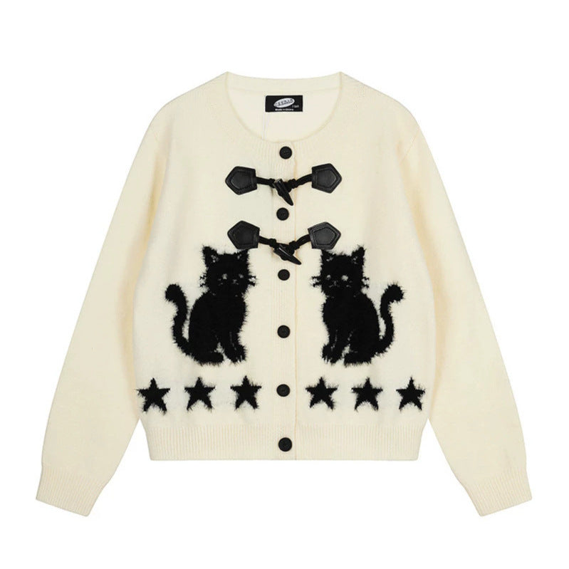 Women's cardigan with cat jacquard, decorative toggle closure and star trim Amarae