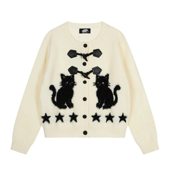 Women's cardigan with cat jacquard, decorative toggle closure and star trim Amarae