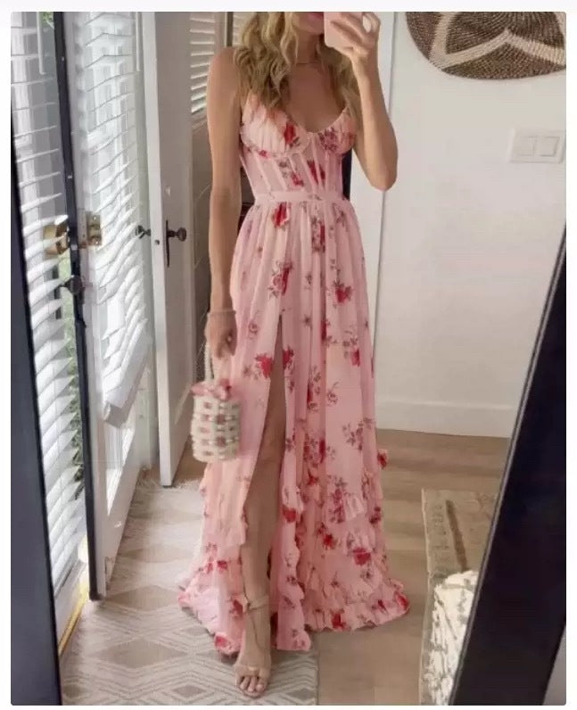 Women's maxi dress with floral lace top and high slit Lune London