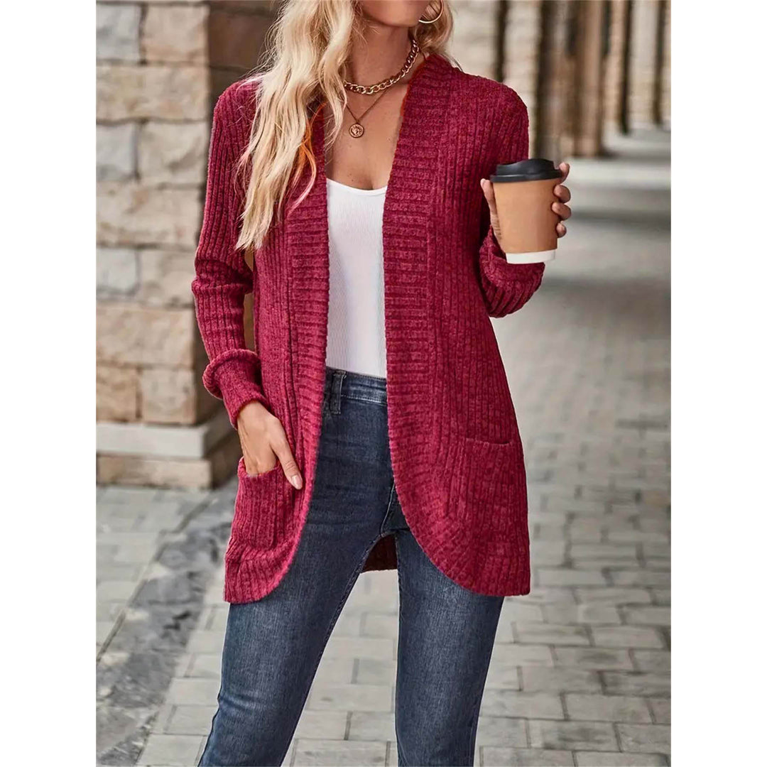 Knitted women's jacket with an open front closure and trendy ribbed structure Lune London
