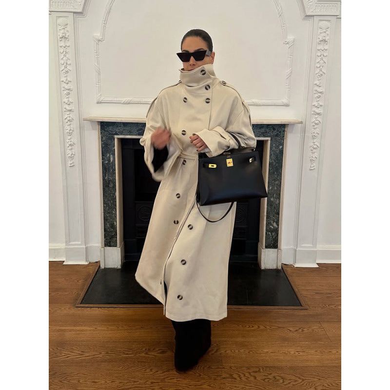 Women's Long Oversized Trench Coat with High Stand Collar, Bell Sleeves and Tie Belt Amarae